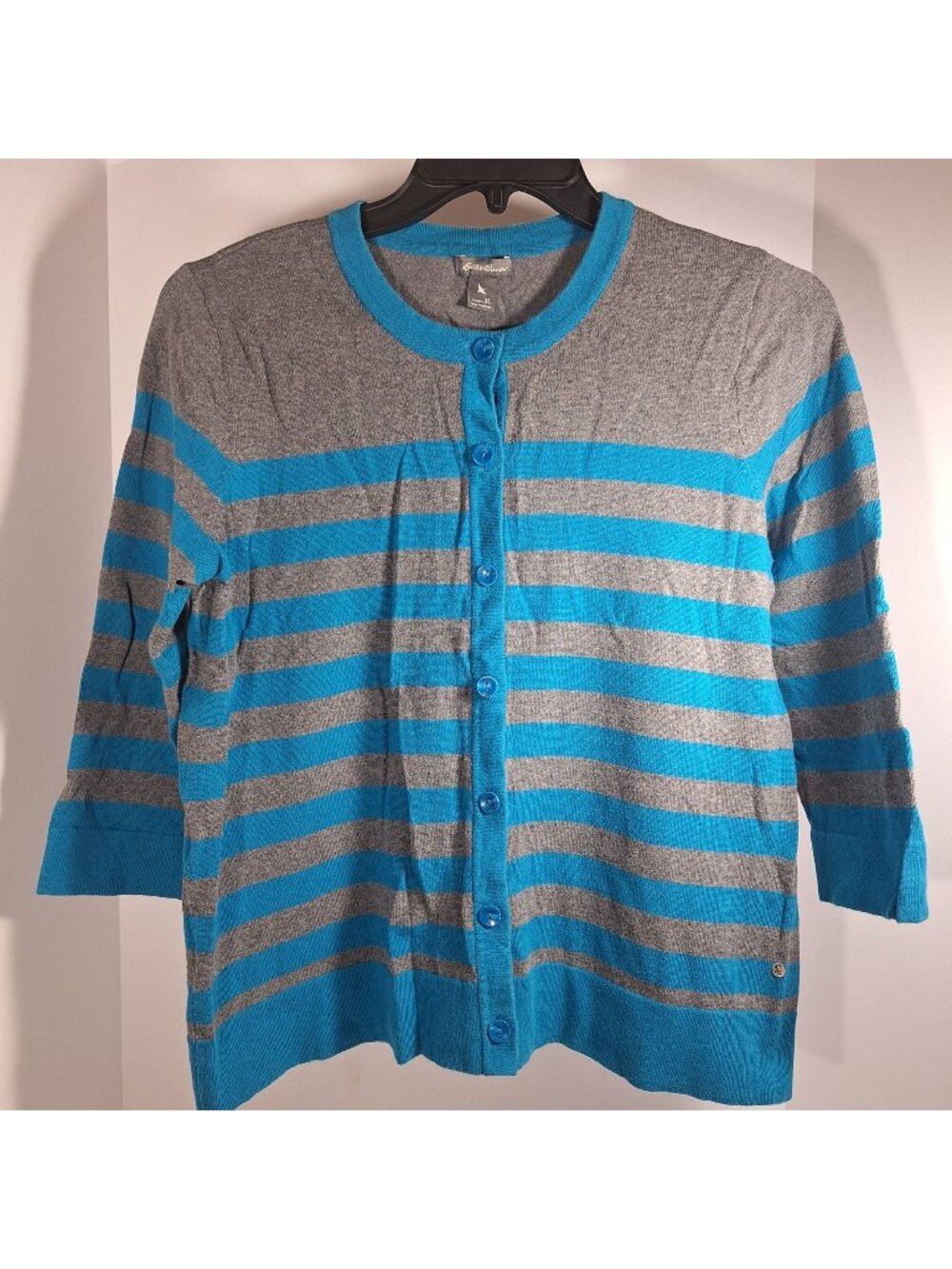 Eddie Bauer Womens XL Cardigan Gray Blue Lightweight Striped Button